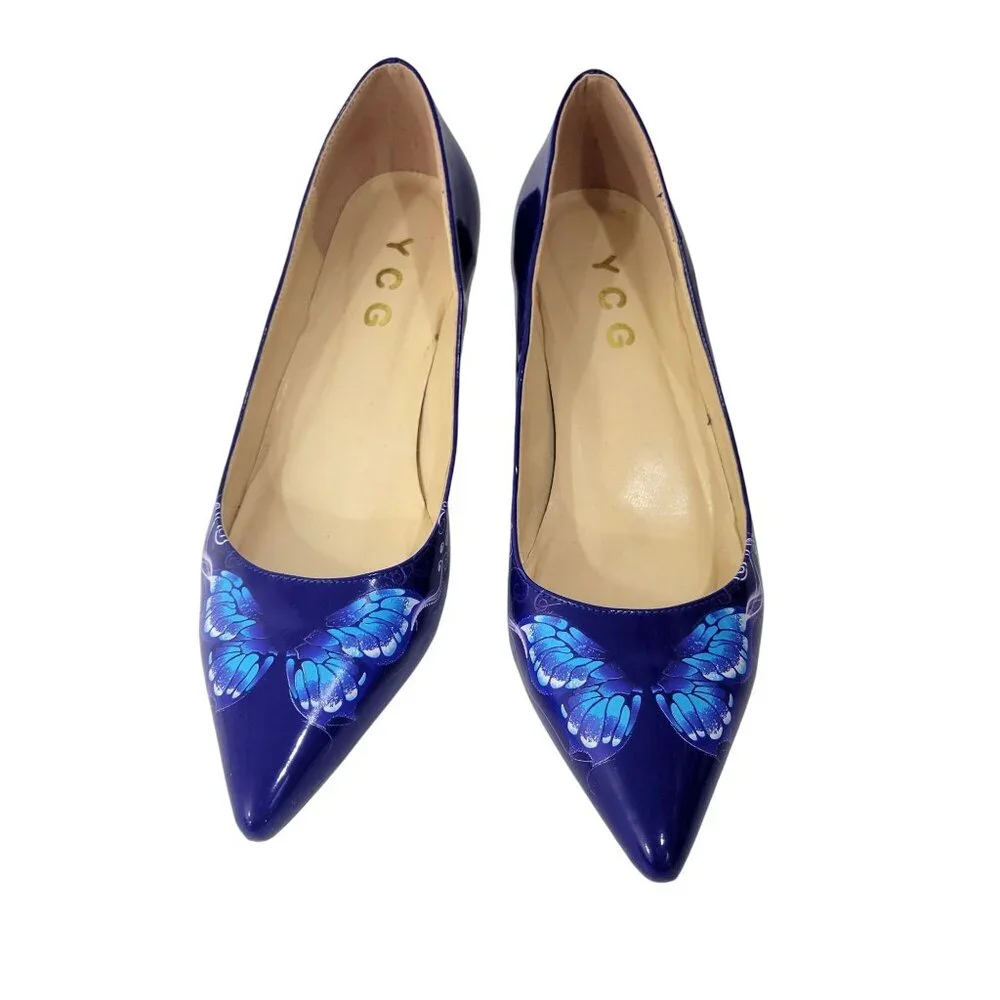 YCG Blue Patent Leather Butterfly Pumps High Heels - Picture 1 of 7